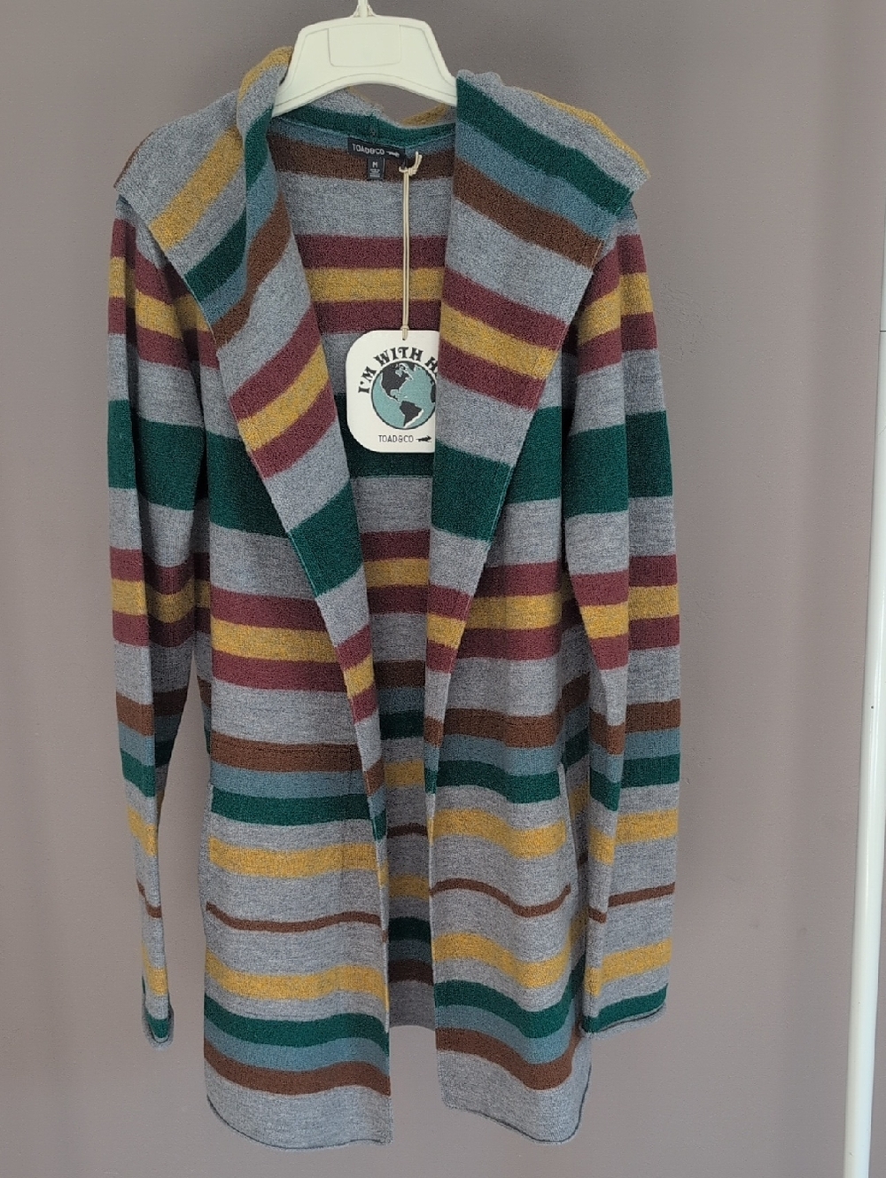 Toad&Co Striped Hooded Cardigan in Gray, Green, Yellow, Brown, Burgundy